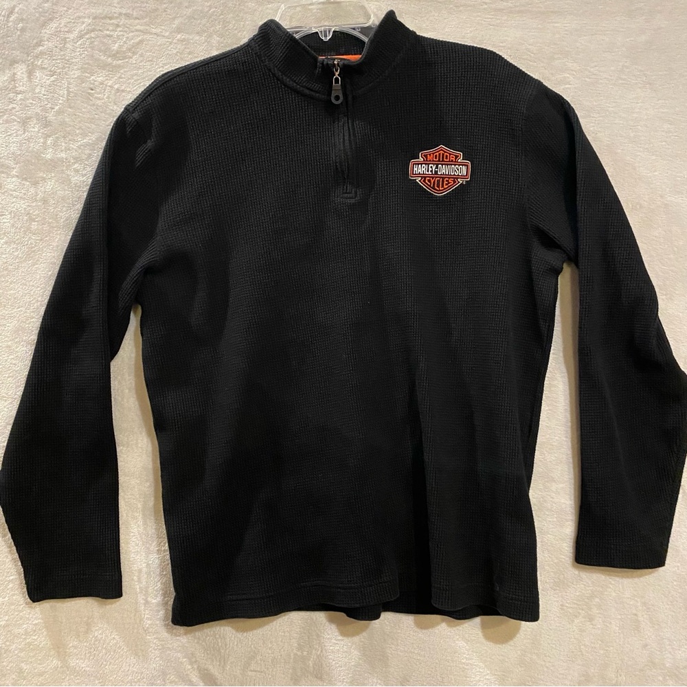 Harley Davidson Shirt Men’s Large Black 1/4 Zip Stand Up Collar Waffle Print